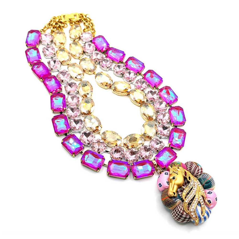 Pink Patchwork Stallion Vintage Silk Necktie Jewel Necklace
