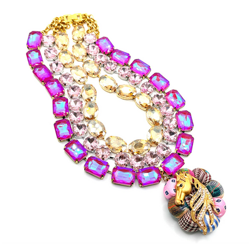 Pink Patchwork Stallion Vintage Silk Necktie Jewel Necklace