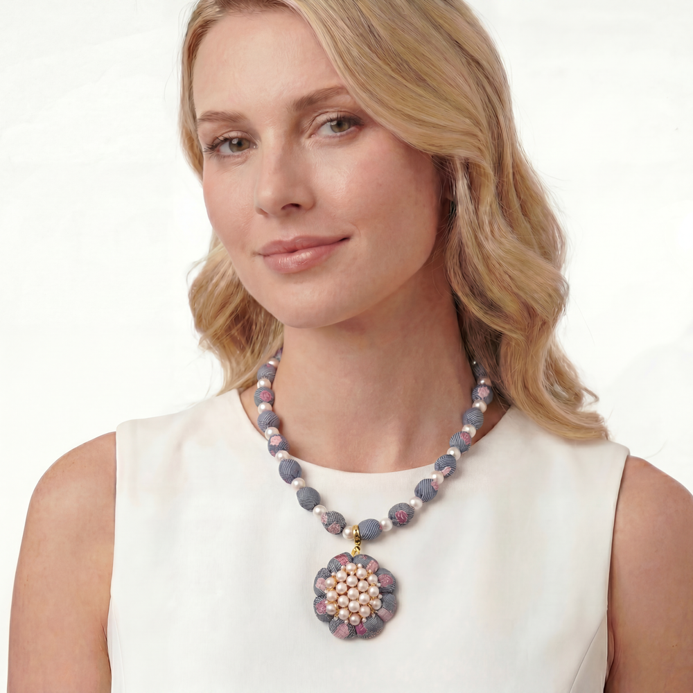 CC Camellia Check Flower Vintage Silk Necktie Necklace