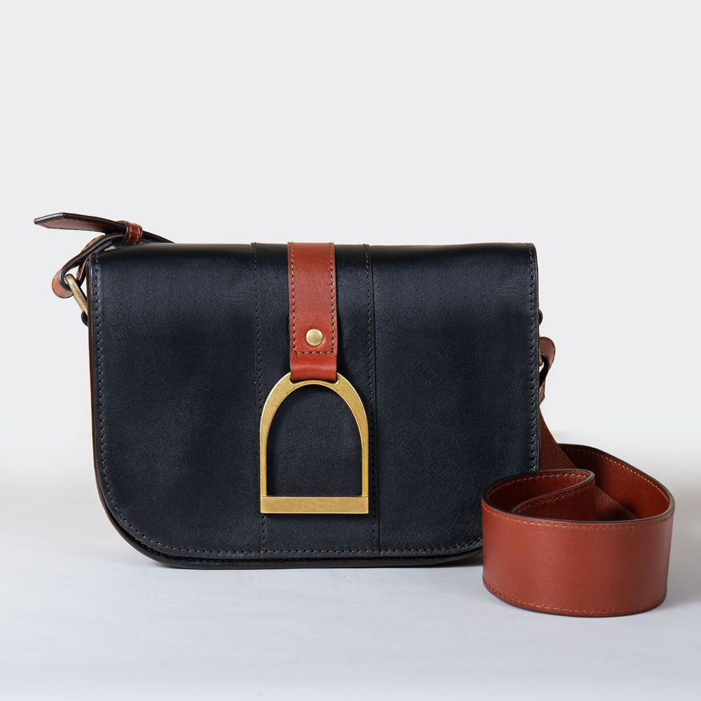 Signature Stirrup - Riding Stirrup Crossbody Luxury Leather Handbag in Cognac on Black