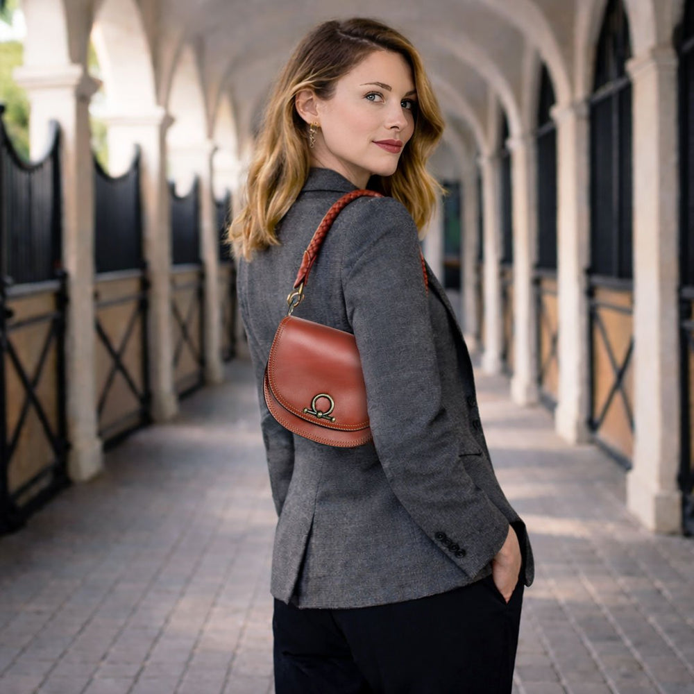 Coronado- Horse Bit Lock Luxury Leather Handbag in Cognac