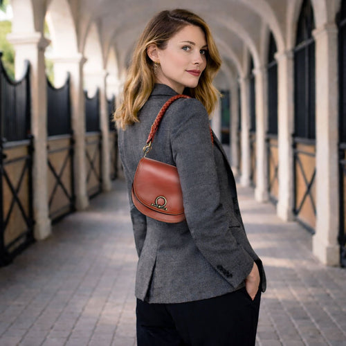 Coronado- Horse Bit Lock Luxury Leather Handbag in Cognac