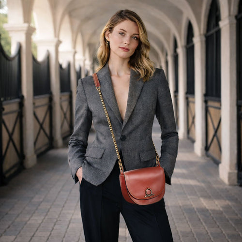 Coronado- Horse Bit Lock Luxury Leather Handbag in Cognac