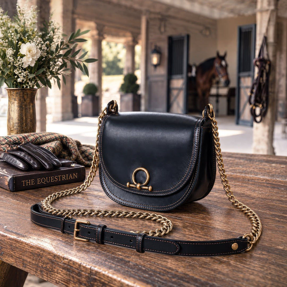 Coronado- Horse Bit Lock Luxury Leather Handbag in Black