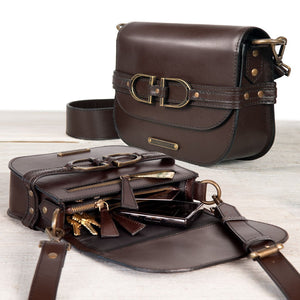 Delaney - Equestrian Stirrup Crossbody Luxury Leather Handbag in Deep Brown