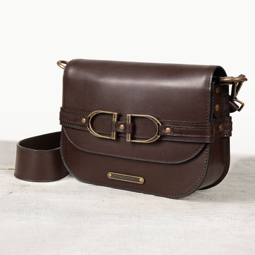 Delaney - Equestrian Stirrup Crossbody Luxury Leather Handbag in Deep Brown
