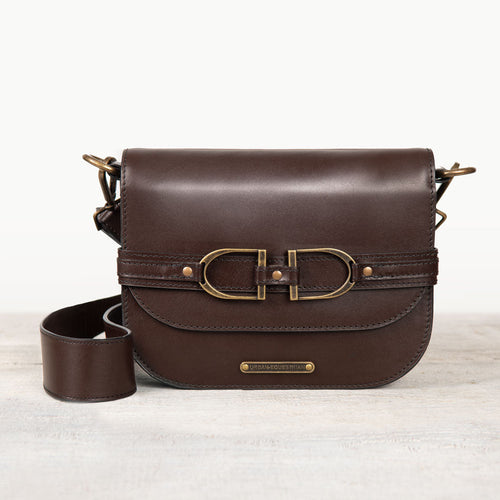 Delaney - Equestrian Stirrup Crossbody Luxury Leather Handbag in Deep Brown