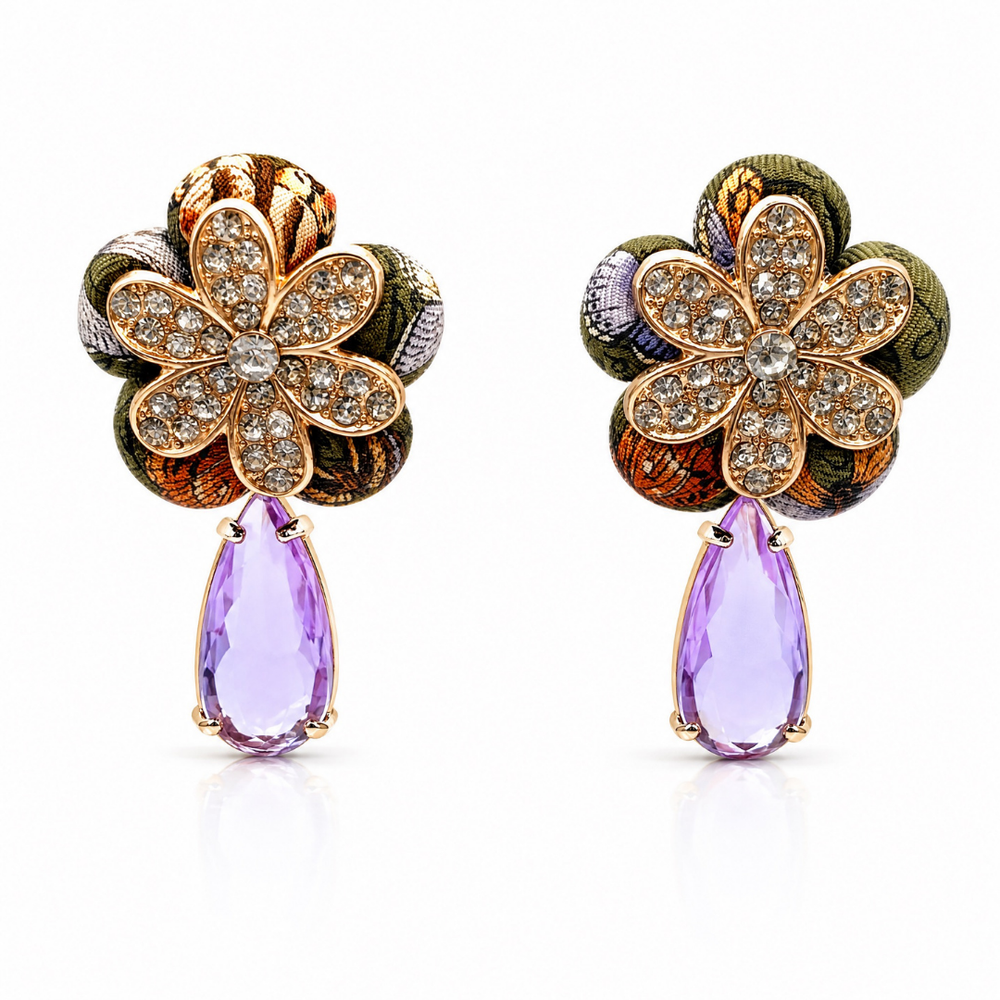Butterfly Print Vintage Silk Necktie Drop Earrings