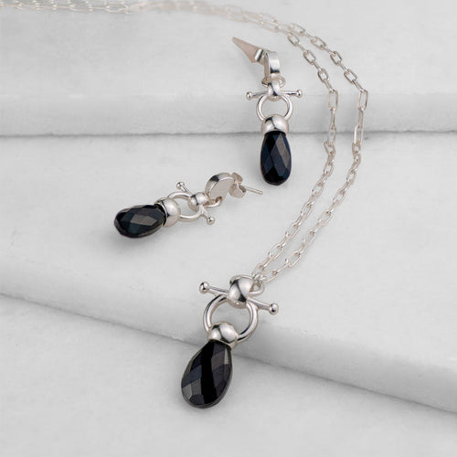 Droplette - Black Onyx Horse Bit Equestrian Earring in Silver