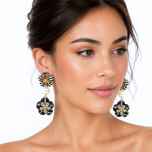 CC Belt & Chain Vintage Silk Necktie Chandelier Earrings