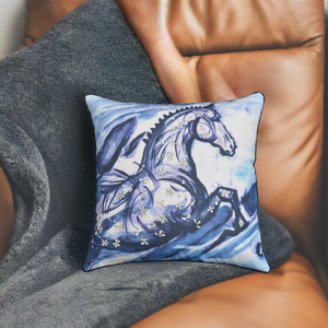 Vibhsa Blue Horse Embroidered Decorative Pillow 18x18, Cotton