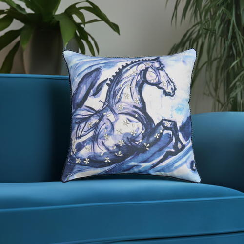 Vibhsa Blue Horse Embroidered Decorative Pillow 18x18, Cotton