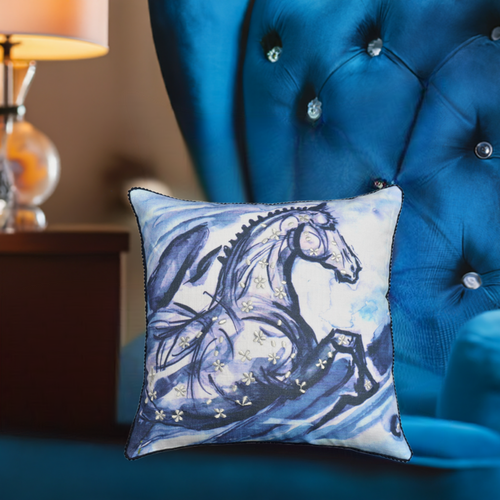 Vibhsa Blue Horse Embroidered Decorative Pillow 18x18, Cotton