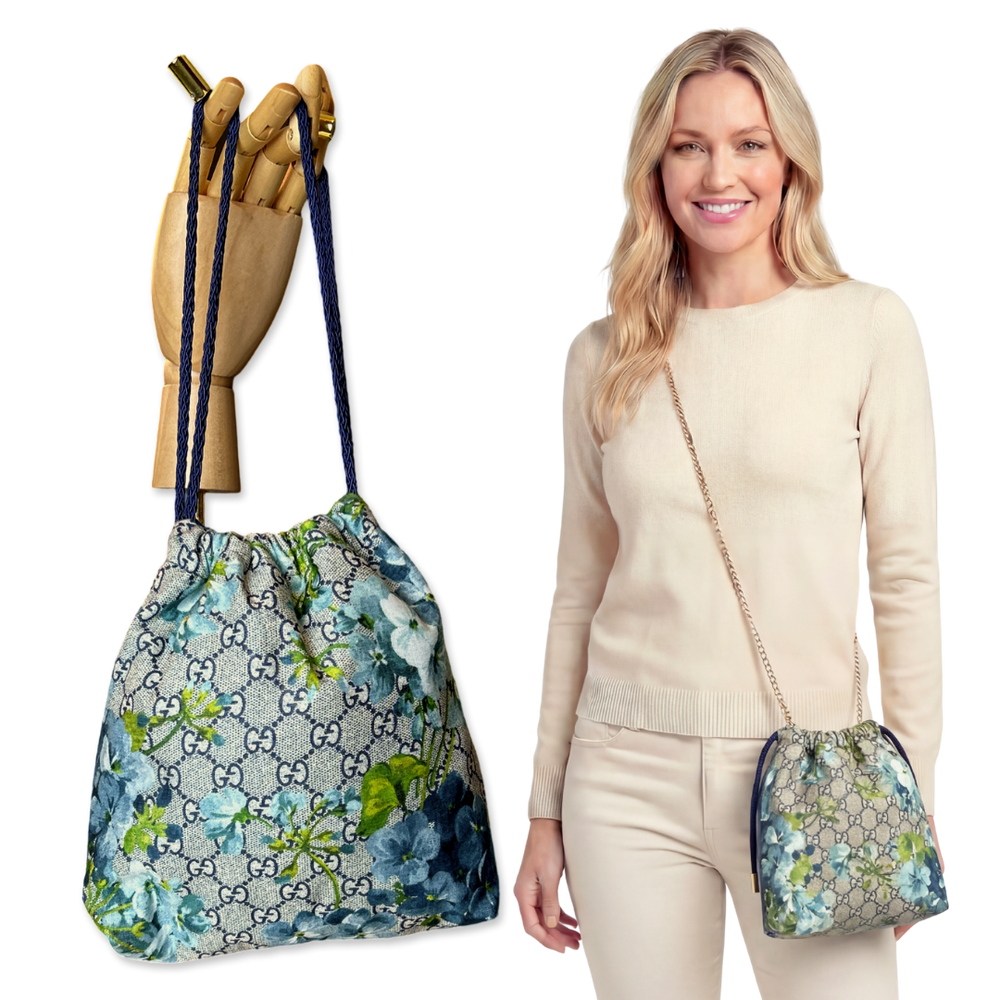GG Blooms Blue Vintage Scarf Drawstring Crossbody Bag
