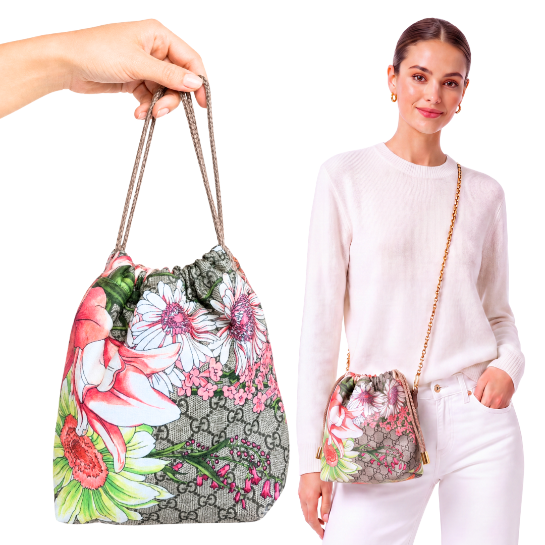 GG Bouquet Vintage Silk Scarf Drawstring Crossbody Bag