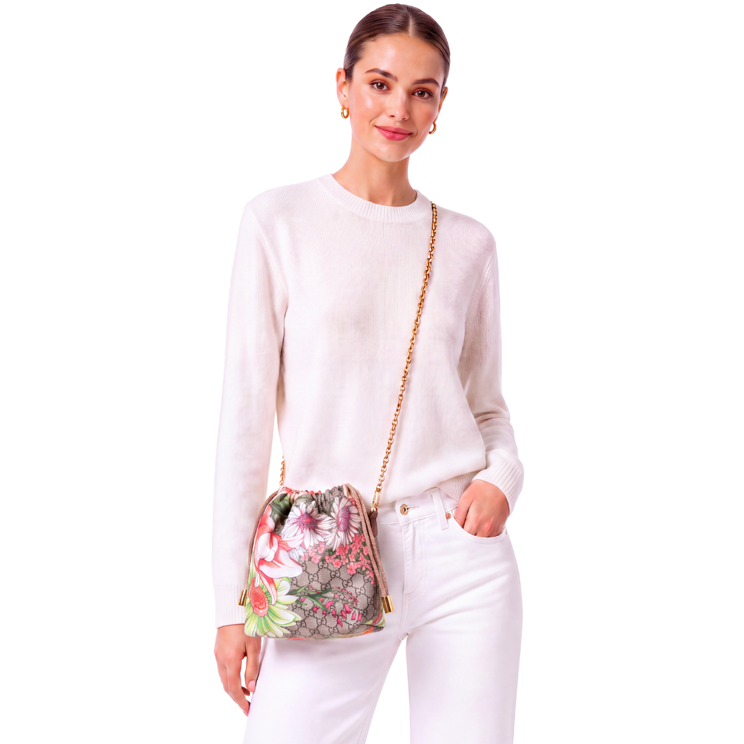 GG Bouquet Vintage Silk Scarf Drawstring Crossbody Bag
