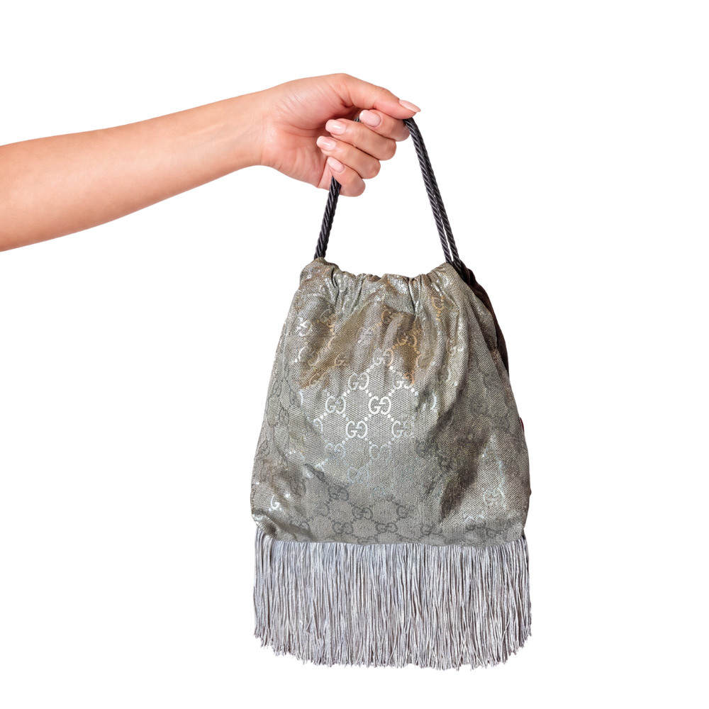 GG Metallic Vintage Scarf Drawstring Crossbody Bag with Fringe