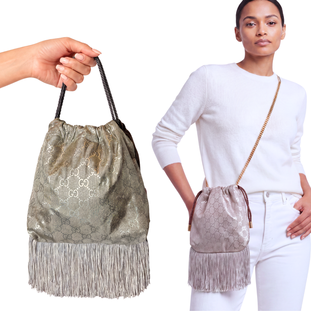 GG Metallic Vintage Scarf Drawstring Crossbody Bag with Fringe
