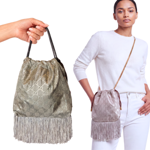 GG Metallic Vintage Scarf Drawstring Crossbody Bag with Fringe