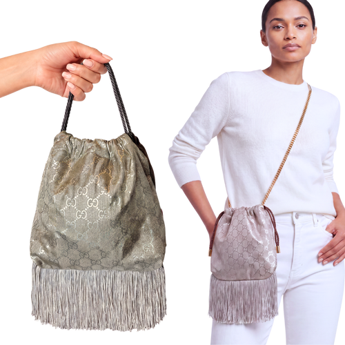 GG Metallic Vintage Scarf Drawstring Crossbody Bag with Fringe
