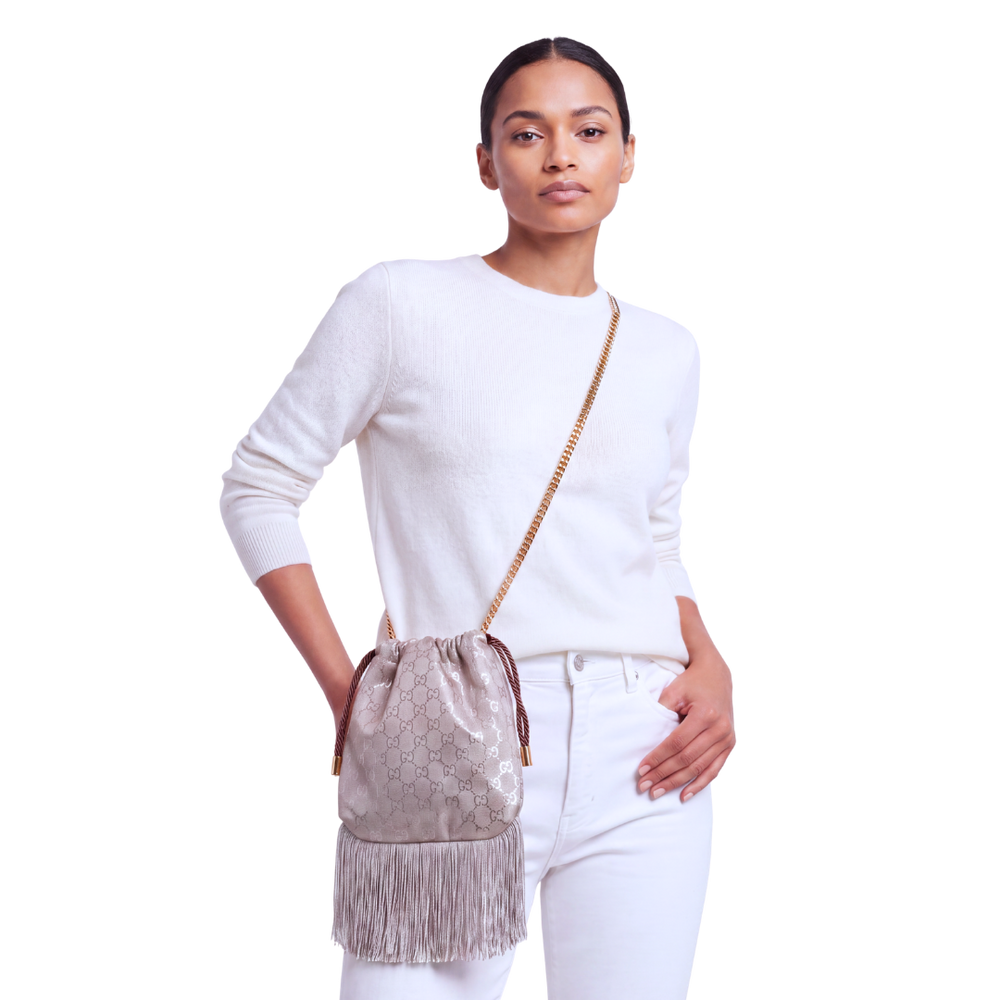 GG Metallic Vintage Scarf Drawstring Crossbody Bag with Fringe