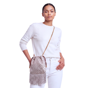 GG Metallic Vintage Scarf Drawstring Crossbody Bag with Fringe