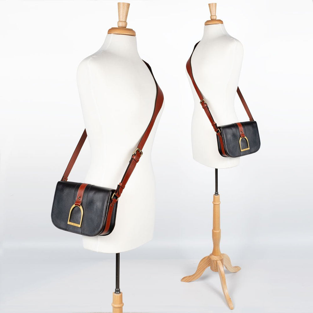 Signature Stirrup - Riding Stirrup Crossbody Luxury Leather Handbag in Cognac on Black